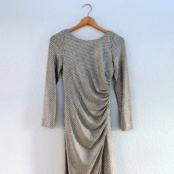 Eliza J gorgeous gown dress silver beige metallic drape back ruched side - Picture 2 of 10